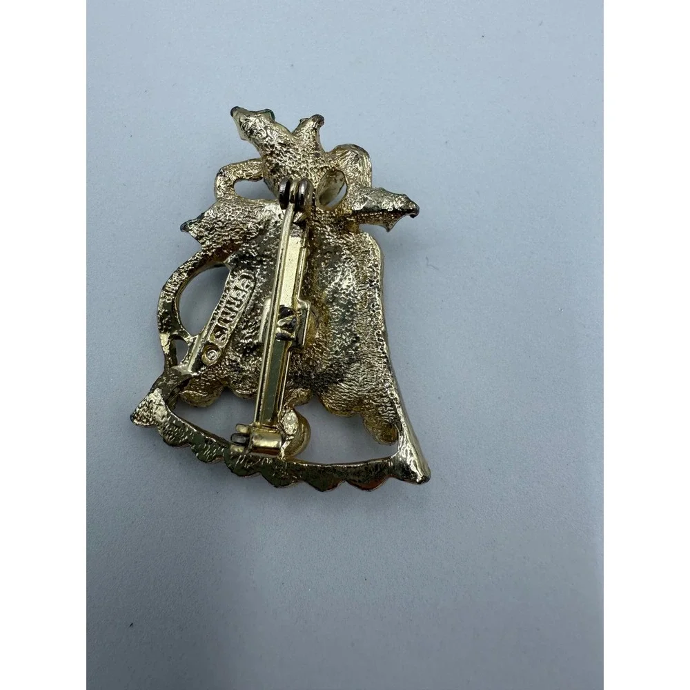 Vintage‎ Gerrys Christmas Bell Brooch Gold Tone Enamel Holly Holiday Pin Signed
